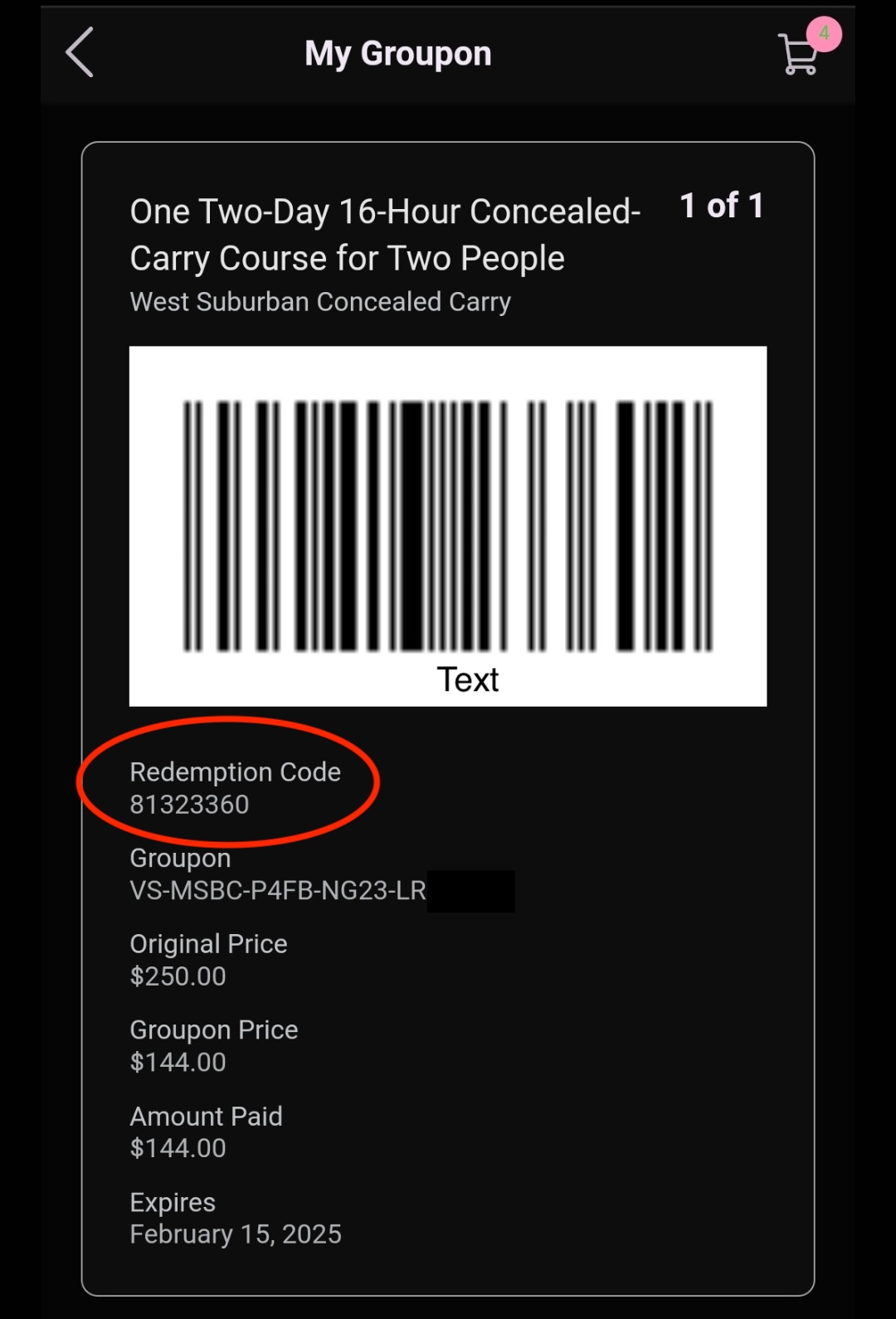 Groupon voucher screen with the redemption code circled below the barcode